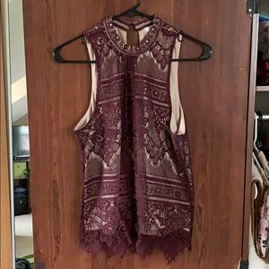 Lauren Conrad sheer crochet maroon tank